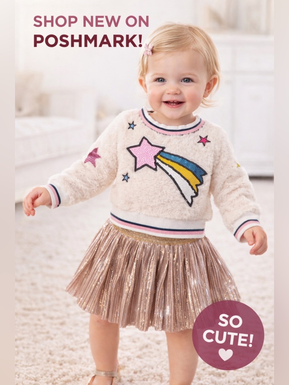 Hannah Banana Cream Fuzzy Star Sweater & Gold Pleated Skirt Set